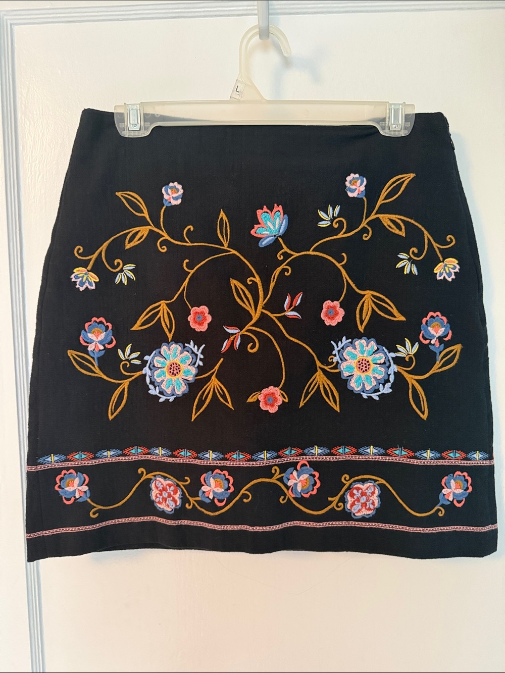 LOFT Black Mini Skirt with Multicolor Floral Embroidery